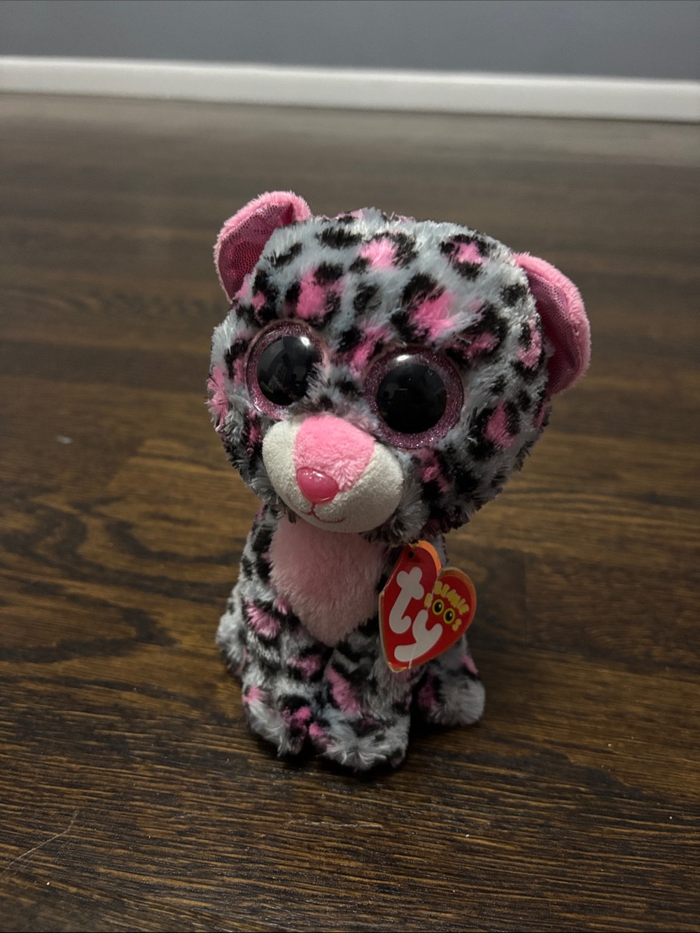 Ty Pink & Gray Leopard Print Beanie Boo Plush with Sparkling Eyes
